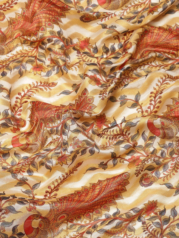 White Art Silk Printed Abstract Saree with Unstitched Blouse