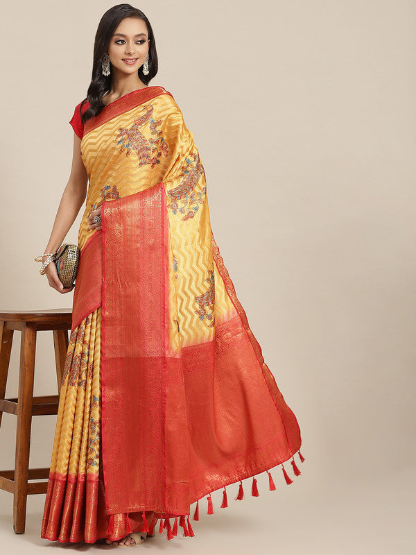 Yellow art silk saree with modern abstract print and unstitched blouse