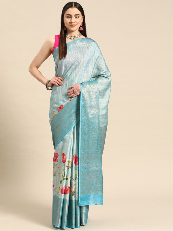 Blue tissue silk saree with vibrant digital floral print and unstitched blouse piece