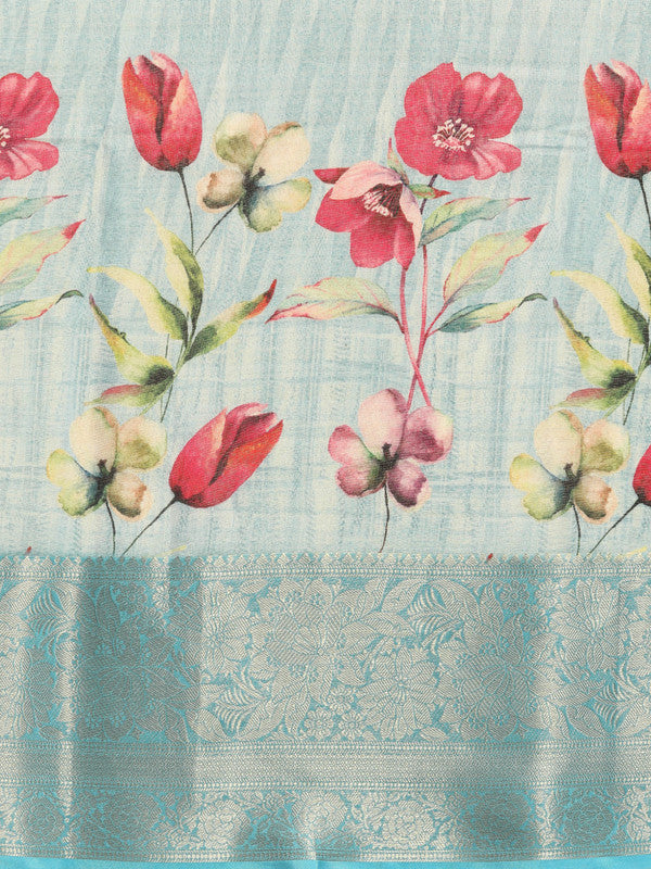 Blue Tissue Silk Saree with Floral Digital Print & Unstitched Blouse