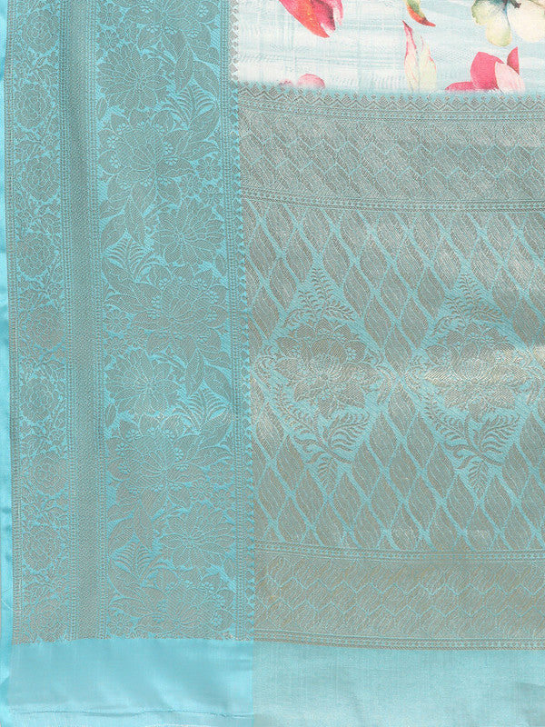 Blue Tissue Silk Saree with Floral Digital Print & Unstitched Blouse