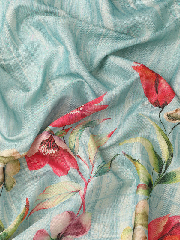 Blue Tissue Silk Saree with Floral Digital Print & Unstitched Blouse