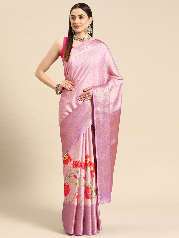 Lavender tissue silk saree with floral digital print and unstitched blouse