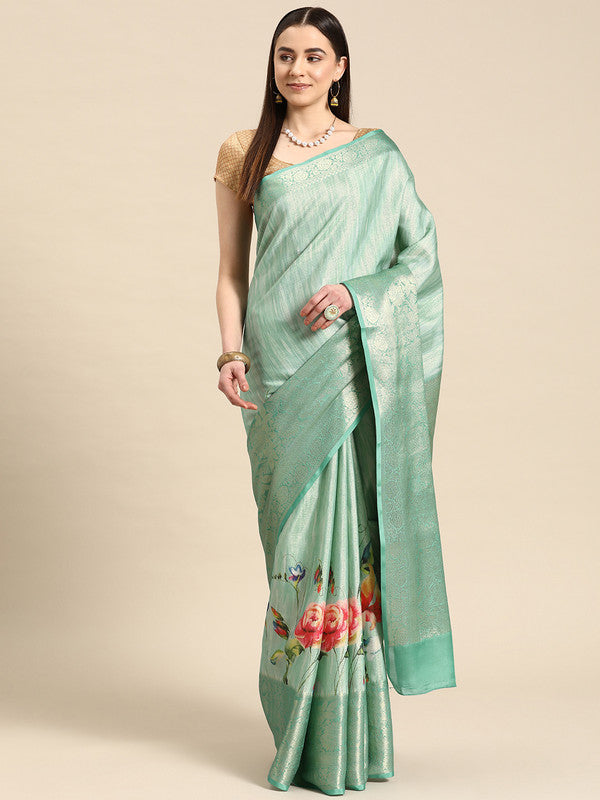 Turquoise tissue silk saree with vibrant floral digital prints and unstitched blouse