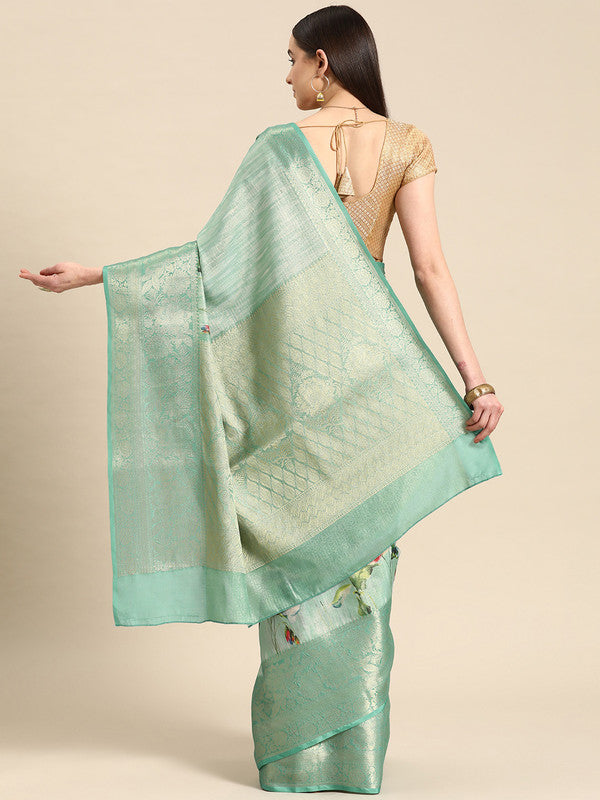 Turquoise Tissue Silk Floral Digital Print Saree with Blouse Piece