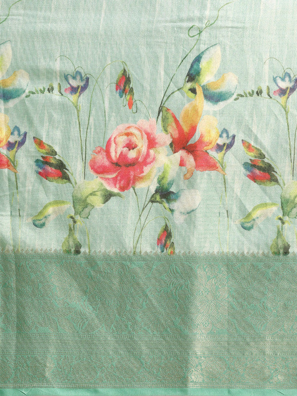 Turquoise Tissue Silk Floral Digital Print Saree with Blouse Piece