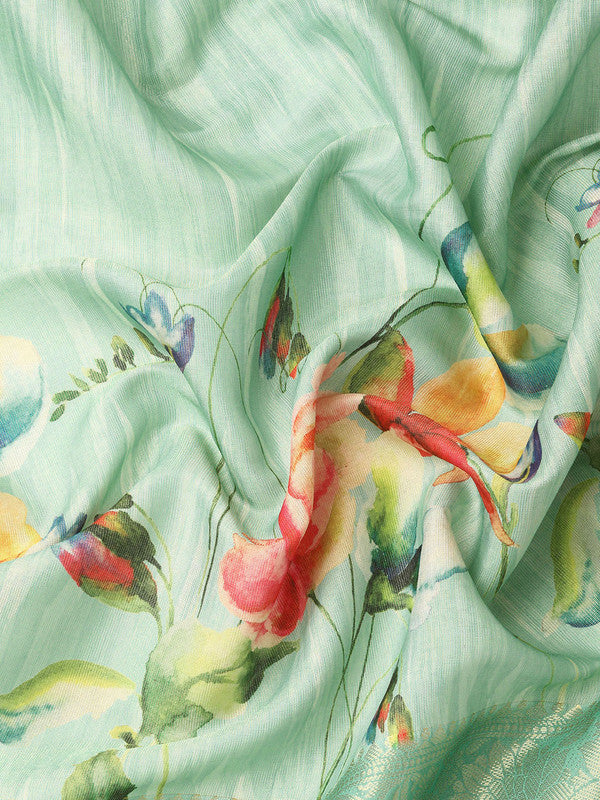 Turquoise Tissue Silk Floral Digital Print Saree with Blouse Piece