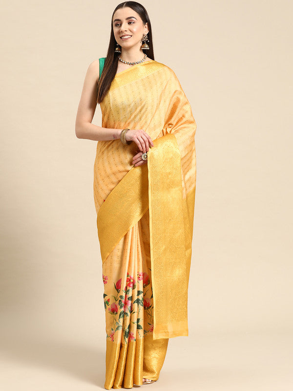 Yellow Tissue Silk digital print floral saree with unstitched blouse piece