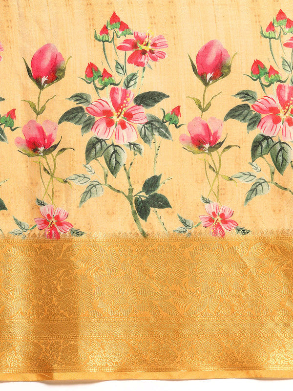 Yellow Tissue Silk Floral Digital Print Saree with Blouse Piece