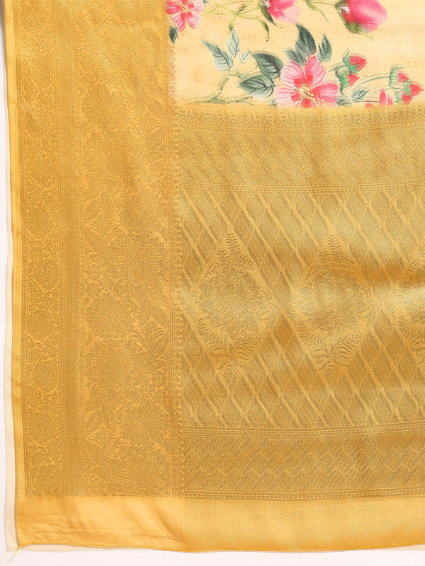 Yellow Tissue Silk Floral Digital Print Saree with Blouse Piece