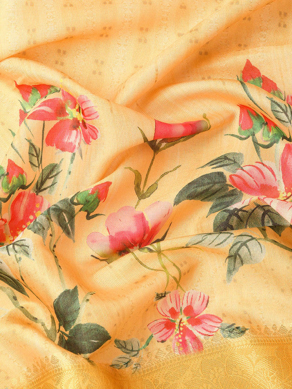 Yellow Tissue Silk Floral Digital Print Saree with Blouse Piece