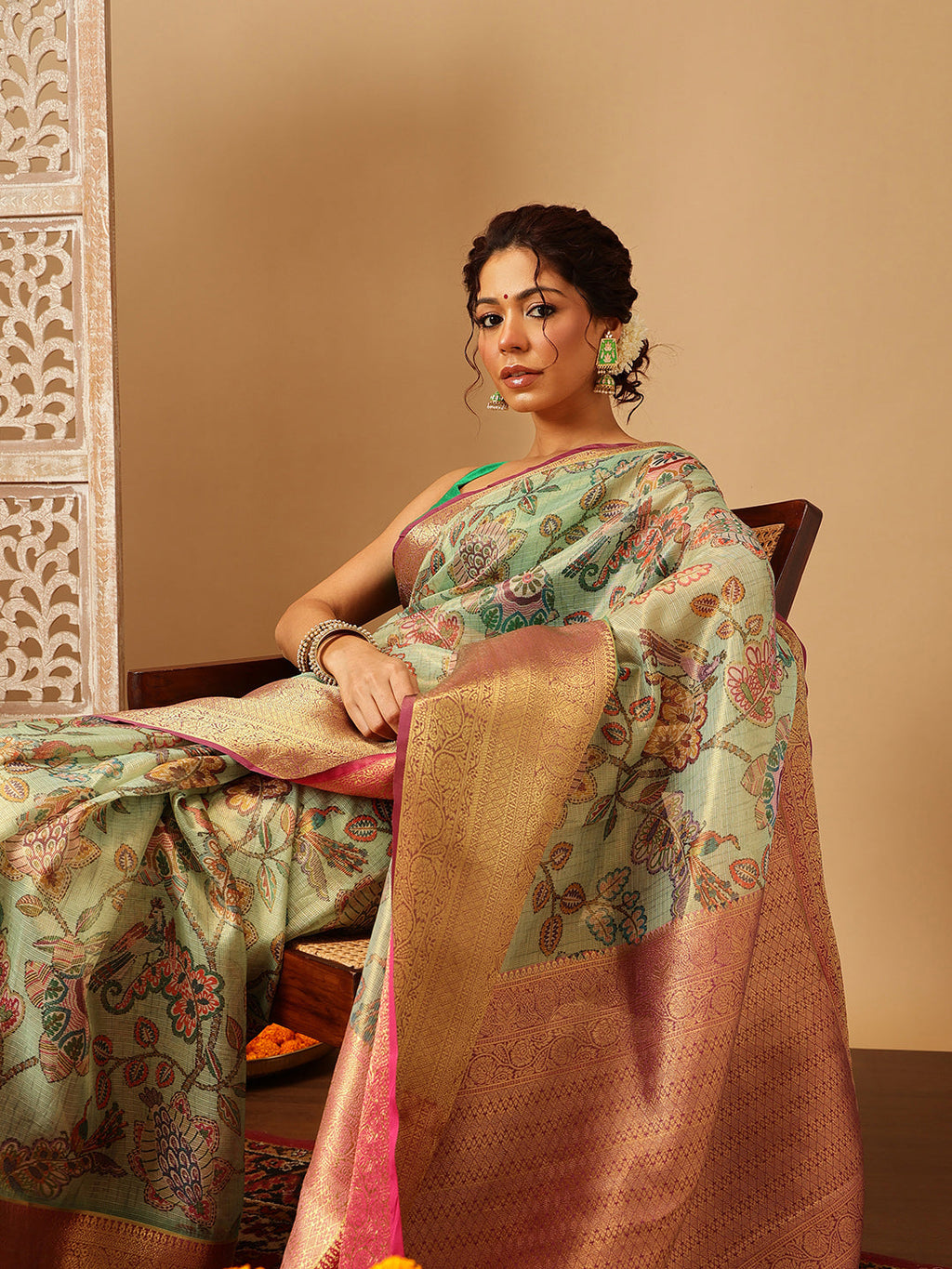 Green Banarasi Muga Silk Saree with Pichwai Digital Print