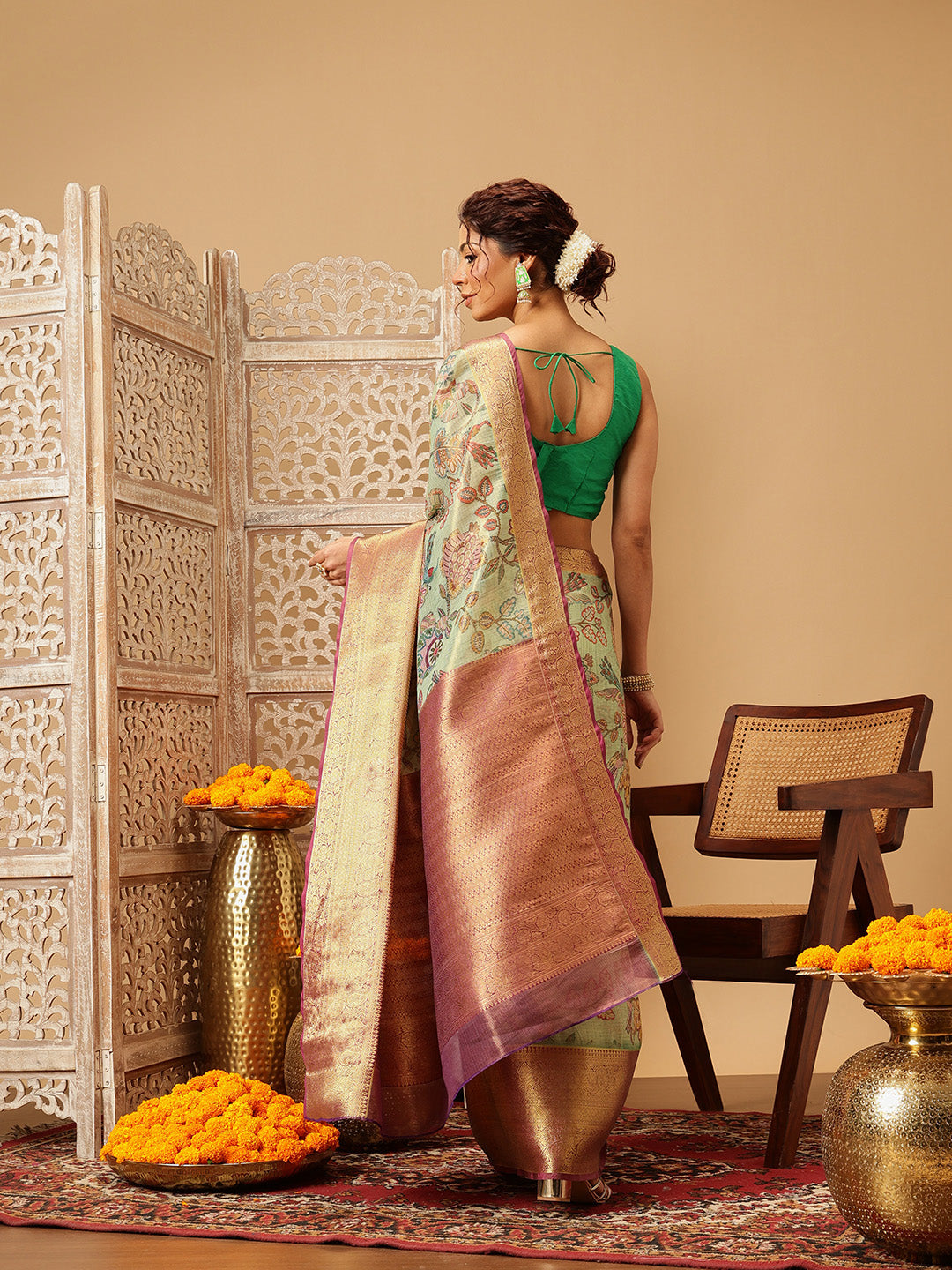 Green Banarasi Muga Silk Saree with Pichwai Digital Print