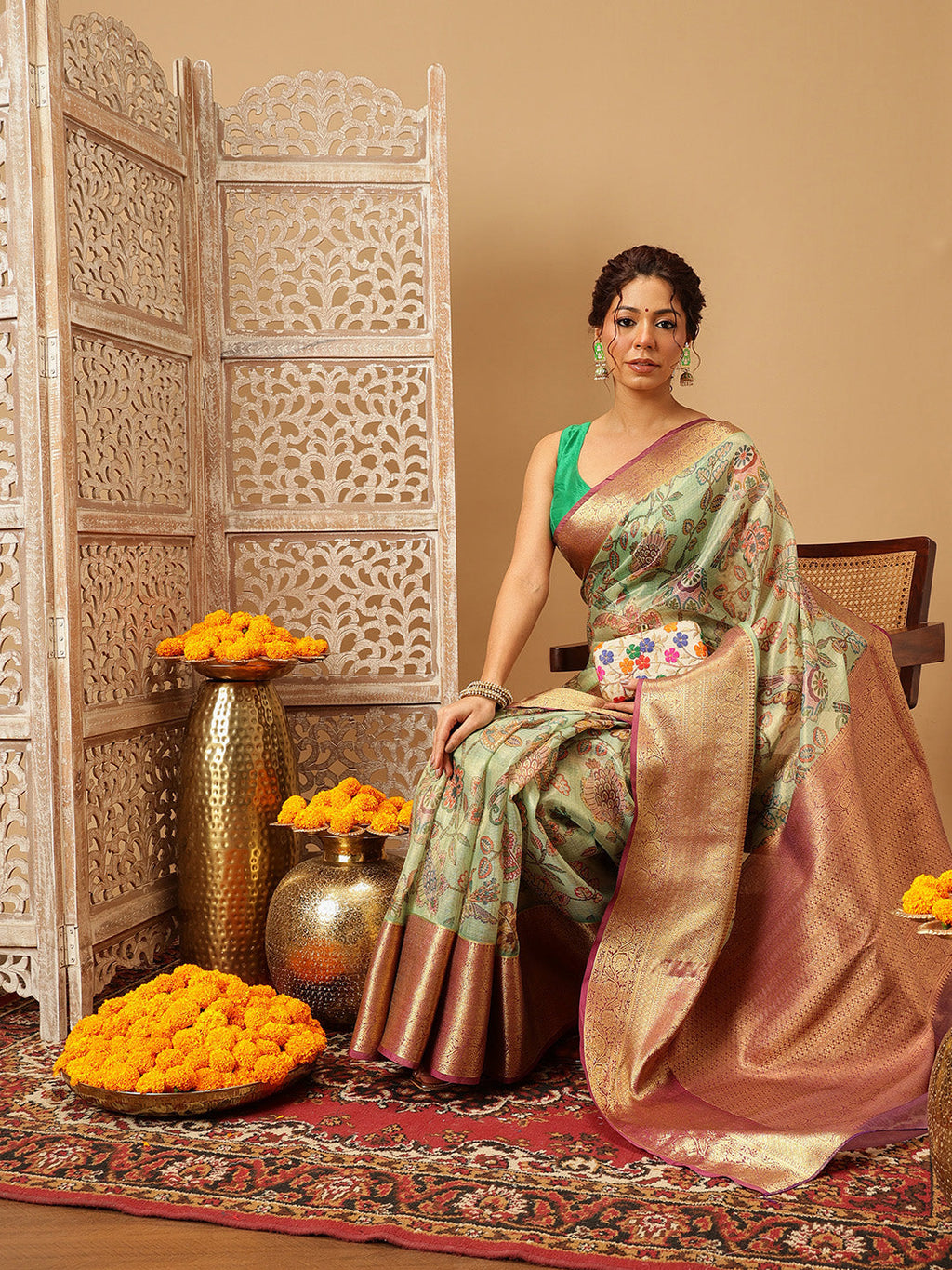 Green Banarasi Muga Silk Saree with Pichwai Digital Print