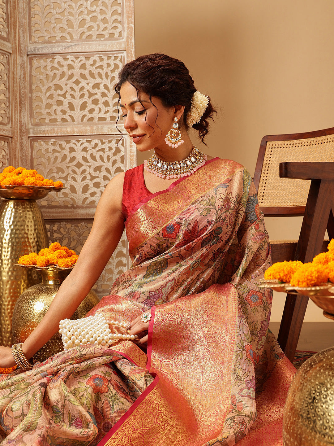 Peach Banarasi Muga Silk Saree with Pichwai Digital Print