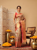 Peach Banarasi Muga Silk saree with detailed Pichwai digital print