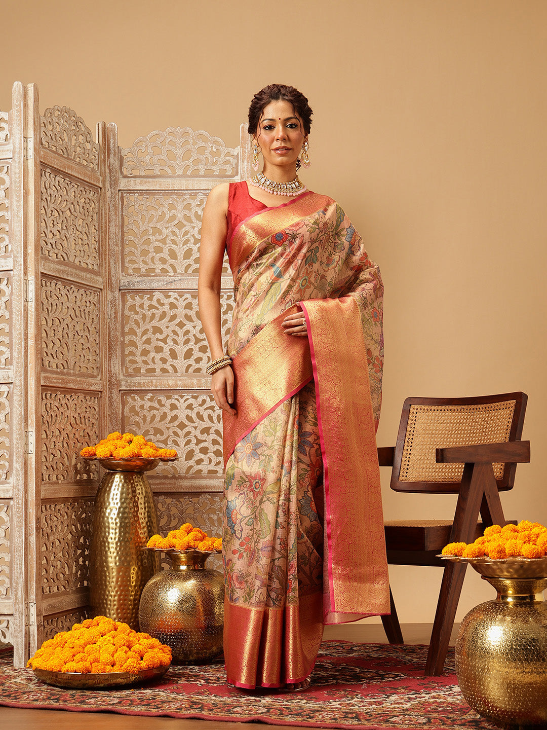 Peach Banarasi Muga Silk saree with detailed Pichwai digital print