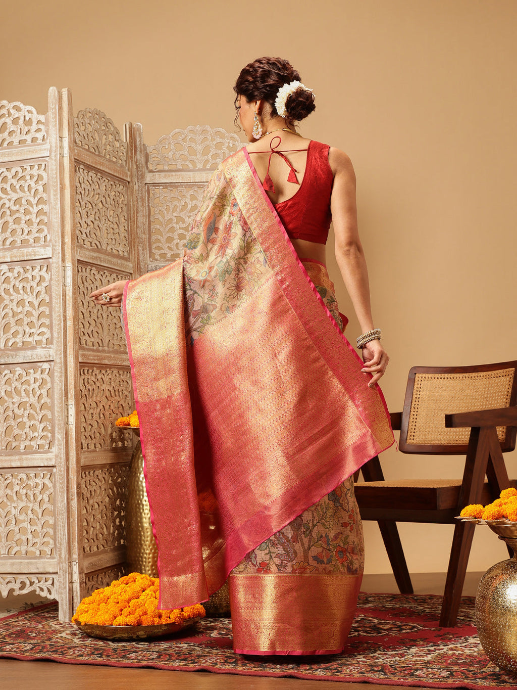 Peach Banarasi Muga Silk Saree with Pichwai Digital Print