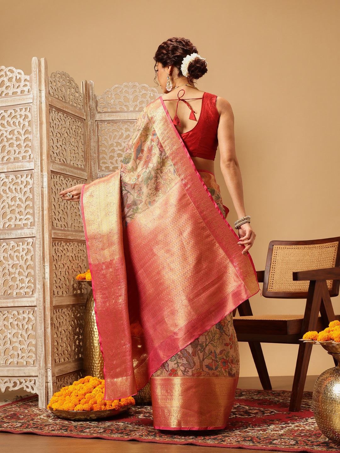 Peach Banarasi Muga Silk Saree with Pichwai Digital Print