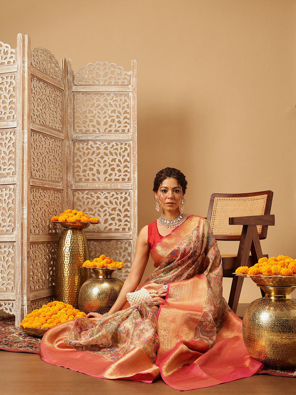 Peach Banarasi Muga Silk Saree with Pichwai Digital Print