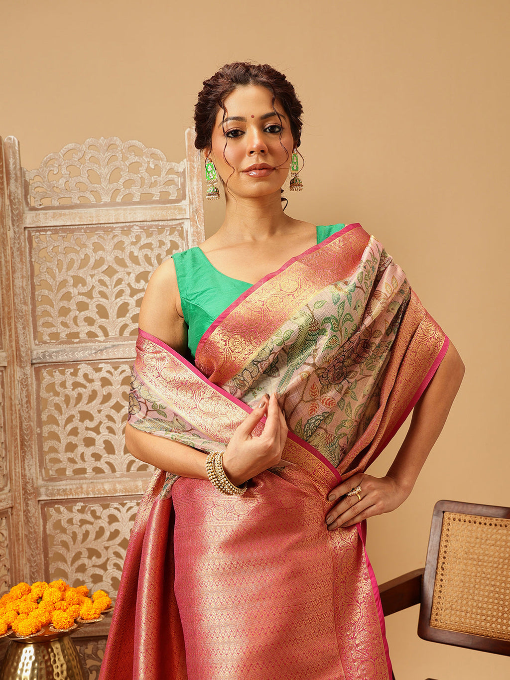 Pink Muga Silk Saree with Traditional Pichwai Digital Prints