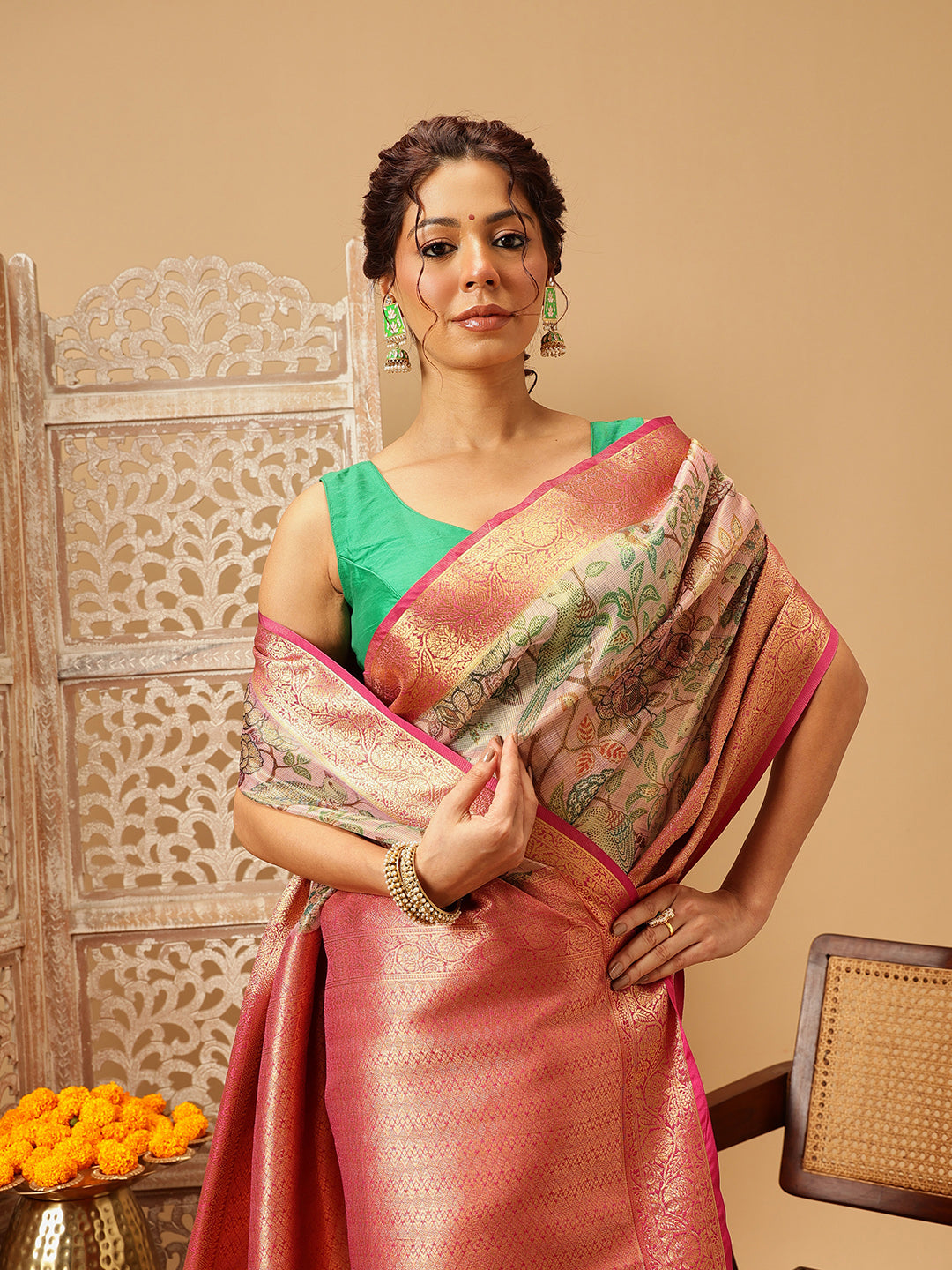Pink Muga Silk Saree with Traditional Pichwai Digital Prints