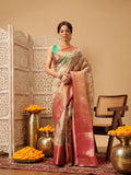 Elegant pink Muga silk saree with detailed Pichwai digital print patterns