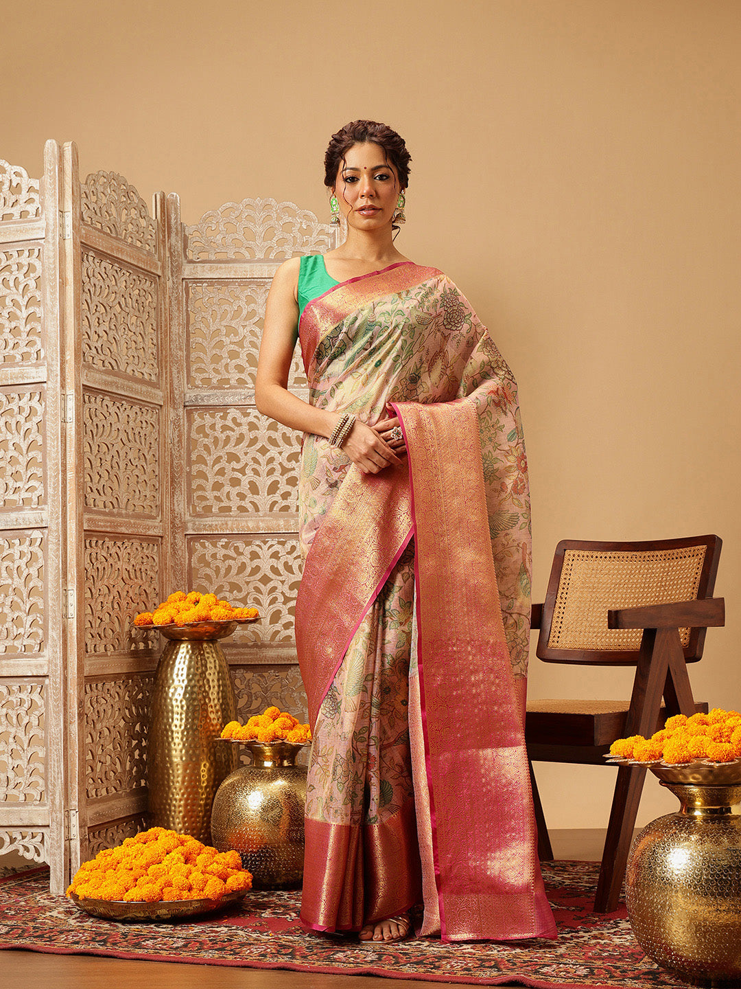 Elegant pink Muga silk saree with detailed Pichwai digital print patterns