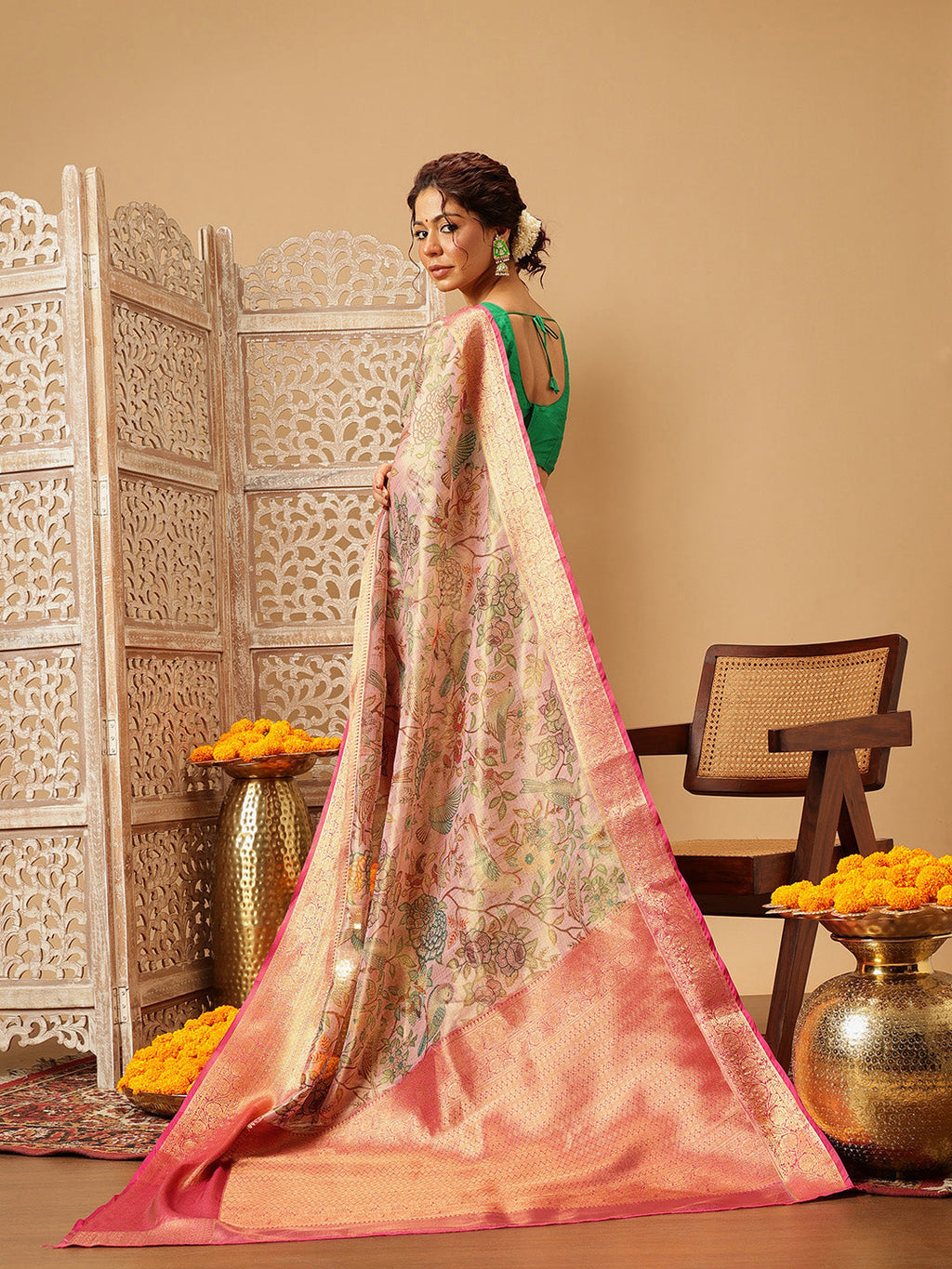 Pink Muga Silk Saree with Traditional Pichwai Digital Prints