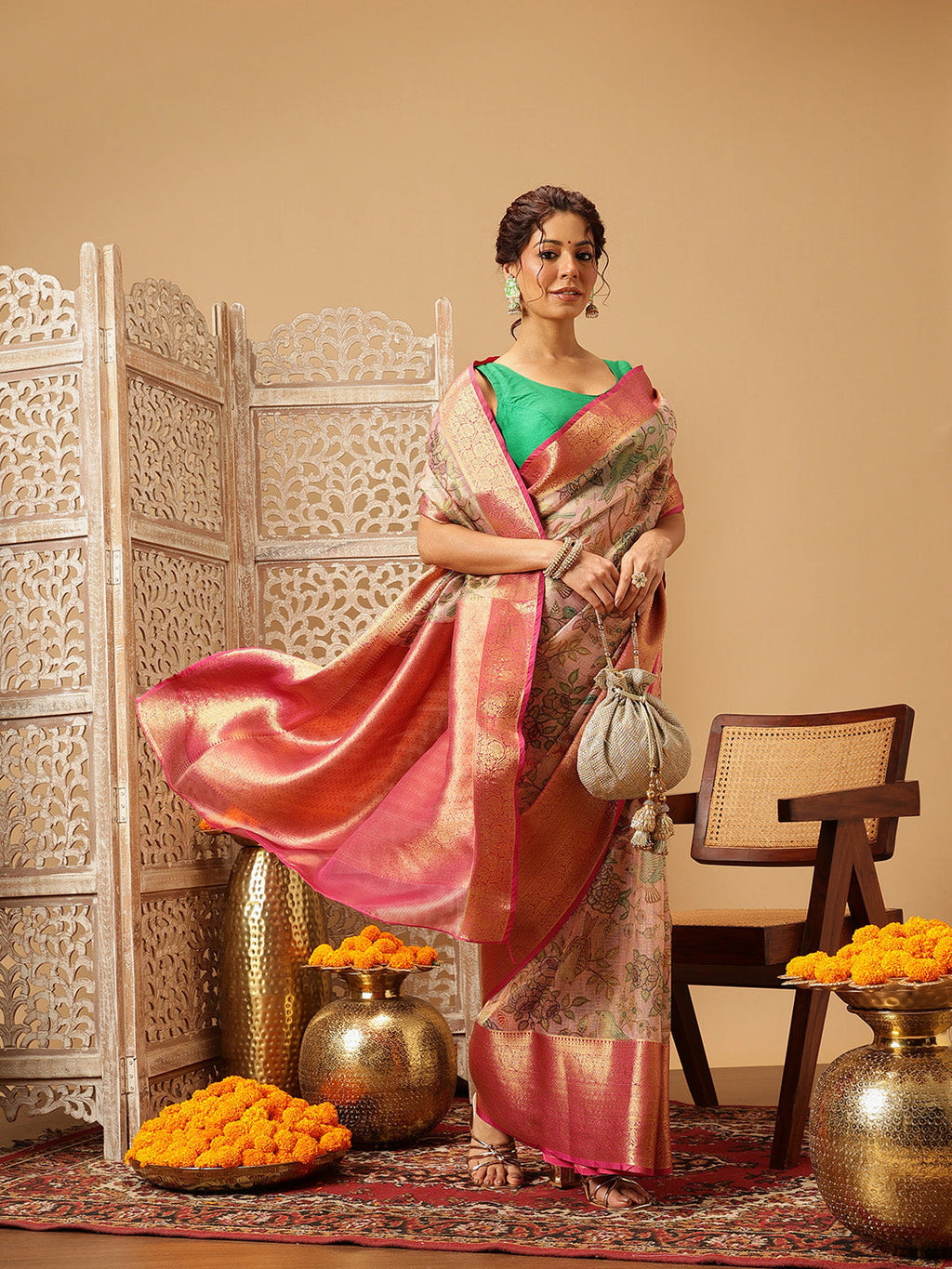 Pink Muga Silk Saree with Traditional Pichwai Digital Prints