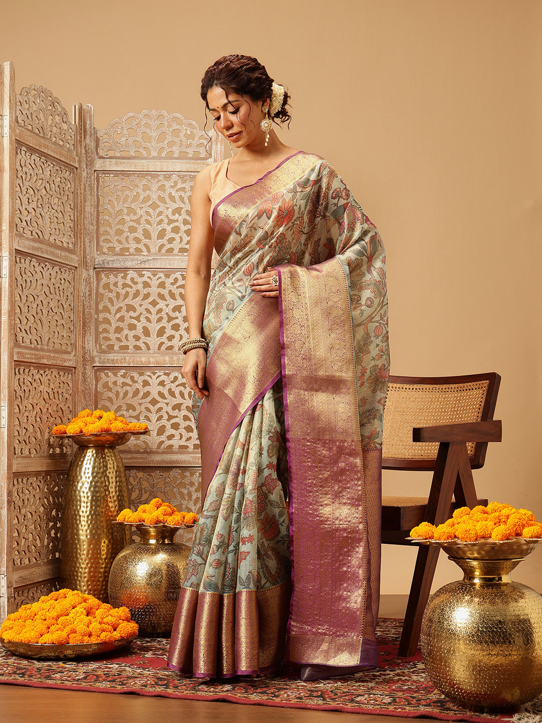 Teal Banarasi Muga silk saree with traditional Pichwai digital print