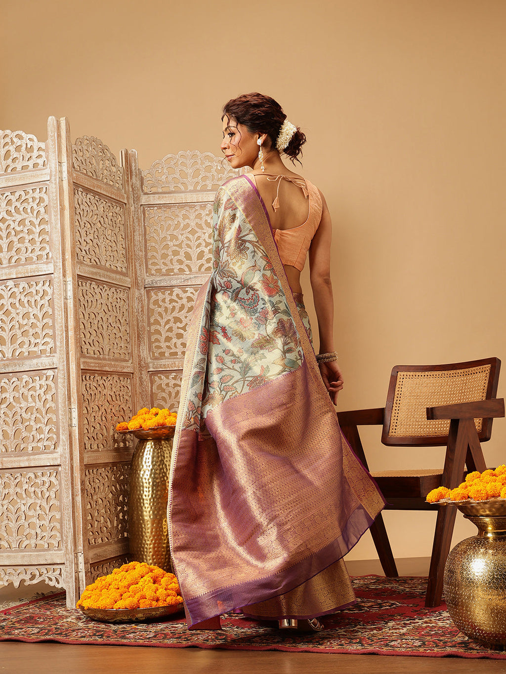 Teal Banarasi Muga Silk Pichwai Digital Printed Saree