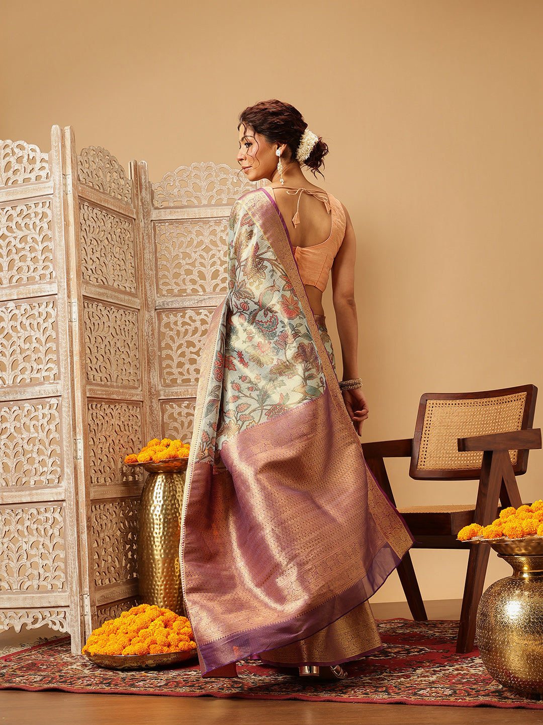 Teal Banarasi Muga Silk Pichwai Digital Printed Saree