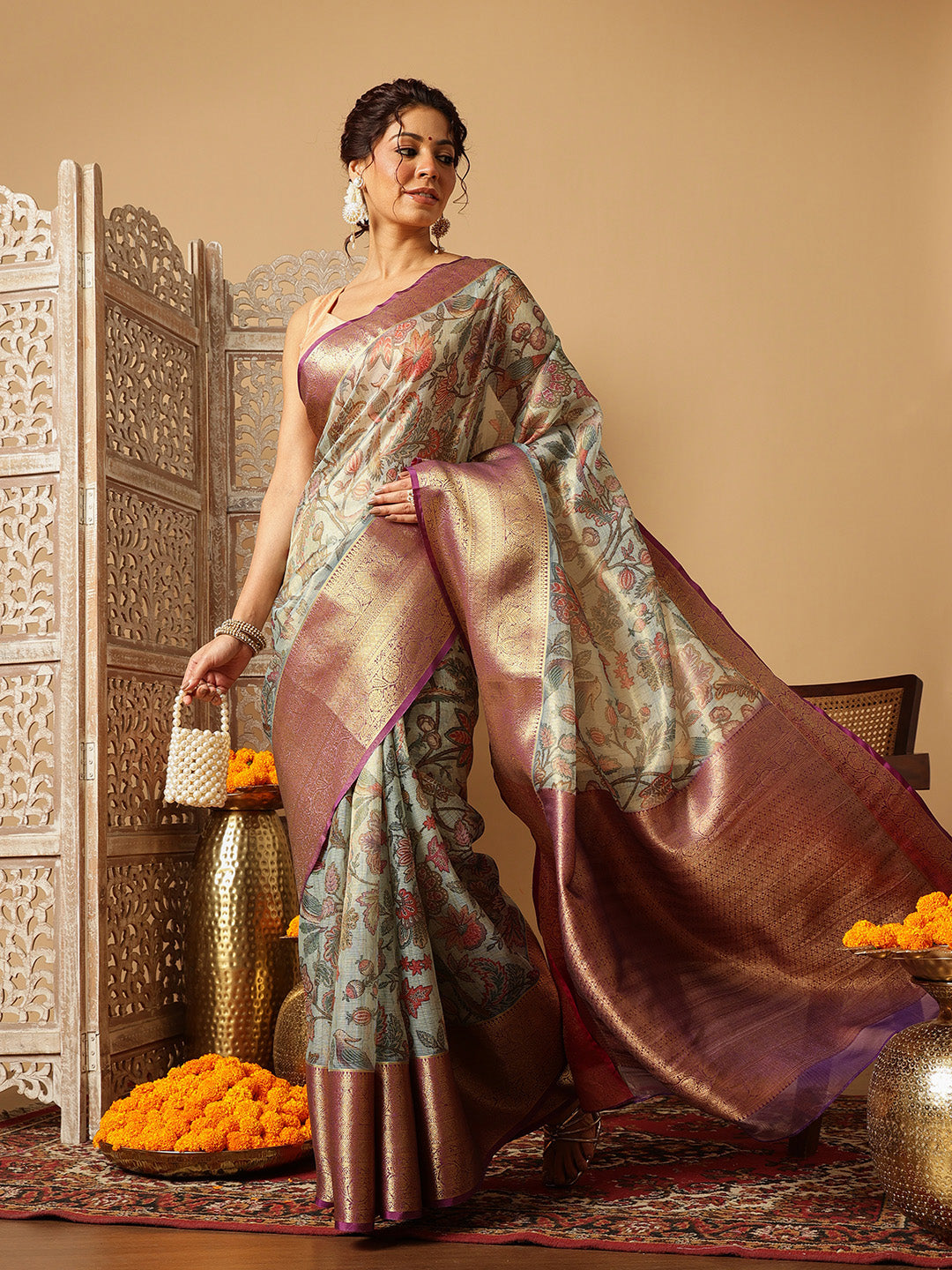 Teal Banarasi Muga Silk Pichwai Digital Printed Saree