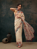 Beige cotton blend saree with contemporary digital animal print and matching unstitched blouse