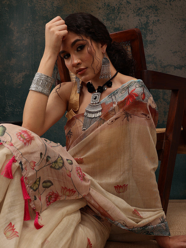 Beige Cotton Blend Digital Print Animal Print Saree