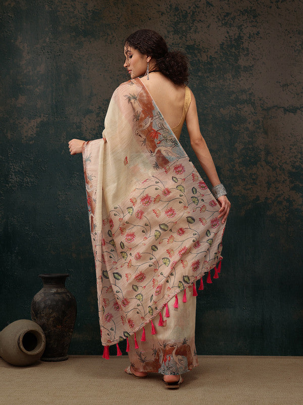 Beige Cotton Blend Digital Print Animal Print Saree