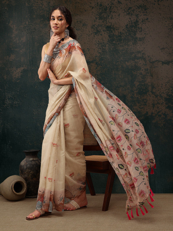 Beige Cotton Blend Digital Print Animal Print Saree