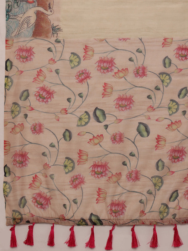 Beige Cotton Blend Digital Print Animal Print Saree