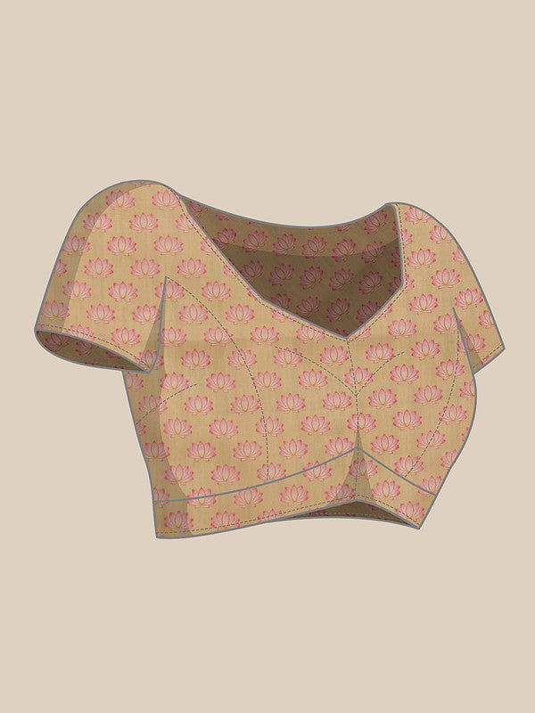 Beige Cotton Blend Digital Print Animal Print Saree