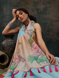 Blue digital print animal print saree in cotton blend fabric with unstitched blouse