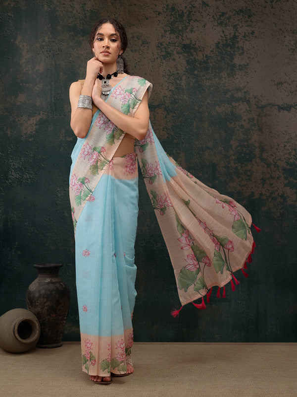 Blue Cotton Blend Digital Print Animal Print Saree with Blouse