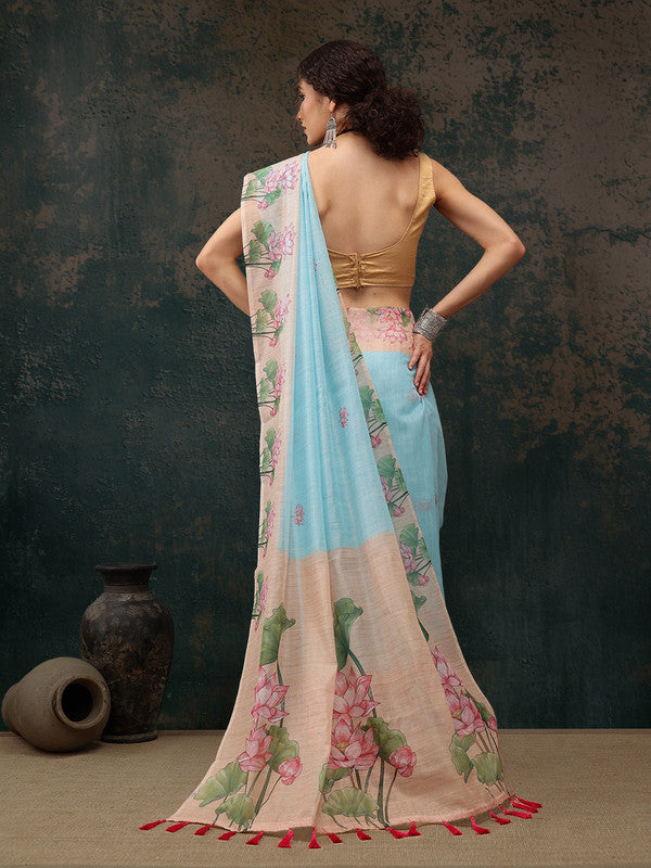 Blue Cotton Blend Digital Print Animal Print Saree with Blouse