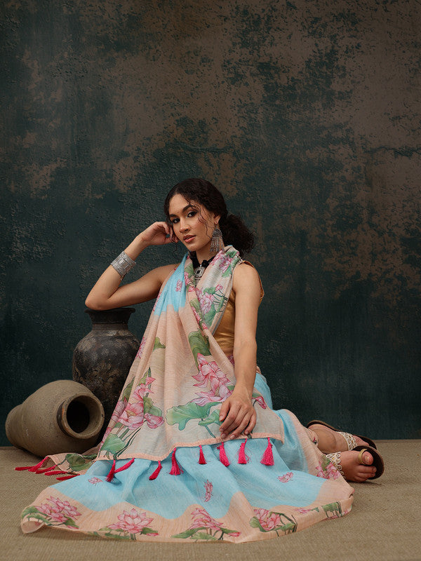 Blue Cotton Blend Digital Print Animal Print Saree with Blouse