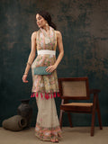 Green cotton blend saree with digital animal print and matching unstitched blouse piece