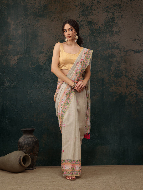 Green Cotton Blend Digital Print Animal Print Saree with Blouse