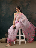 Light pink cotton blend saree with contemporary animal print and blouse piece