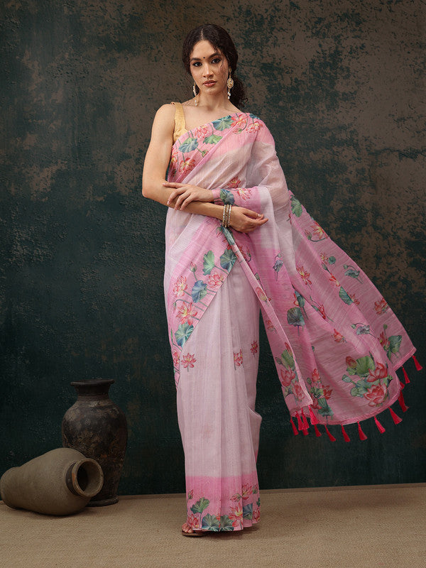 Light Pink Cotton Blend Animal Print Saree with Blouse Piece