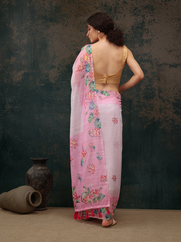 Light Pink Cotton Blend Animal Print Saree with Blouse Piece