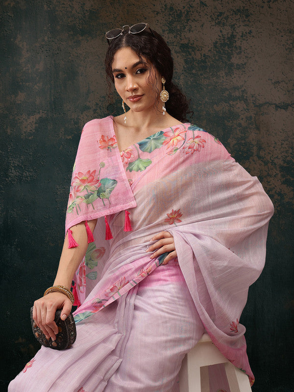 Light Pink Cotton Blend Animal Print Saree with Blouse Piece